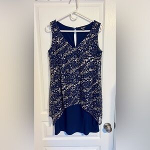 SLNY Navy Cocktail Shift Dress Sheer Overlay Gold Sparkle size 6